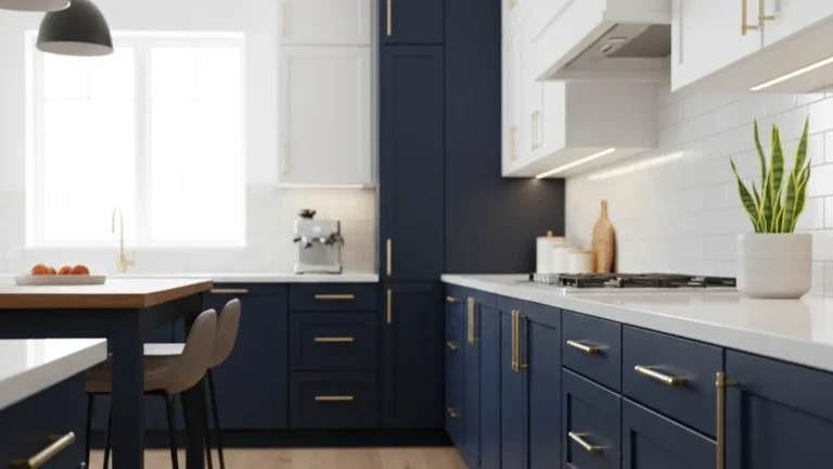 A kitchen cabinet refacing project in Hamilton, Burlington, and Oakville features navy and white cabinets
