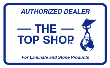 The Top Shop logo identifies Kitchen Transformations as an authorized dealer for premium quality countertops.