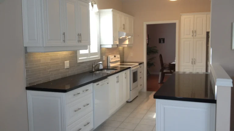 Classic white five-piece shaker doors with black quartz countertops and a subway tile backsplash.