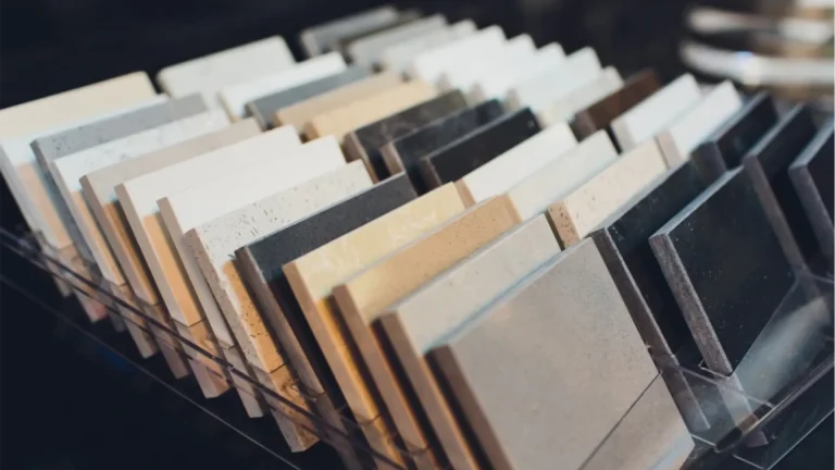 This collection features various quartz and granite countertop samples for kitchen refinishing.