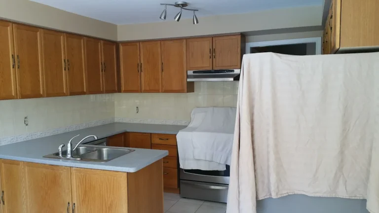 The builder's grade kitchen features worn laminate countertops ready for a restyle.