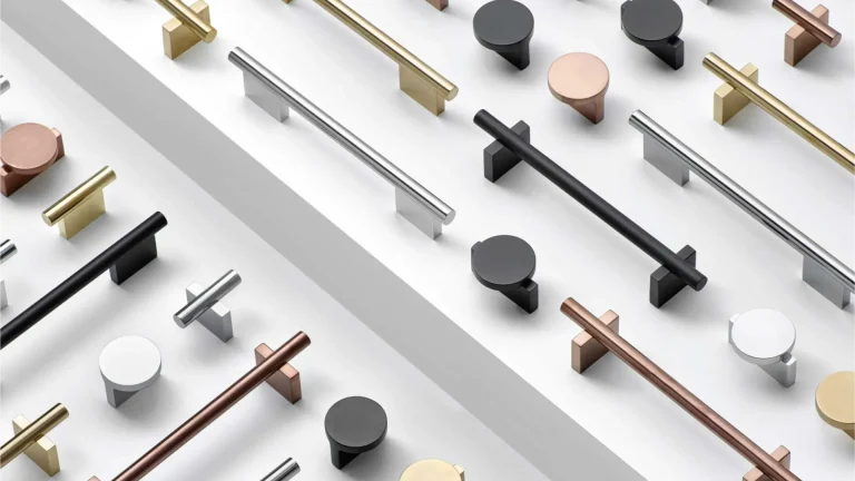 Assortment of modern cabinet hardware styles, varying shapes and finishes.
