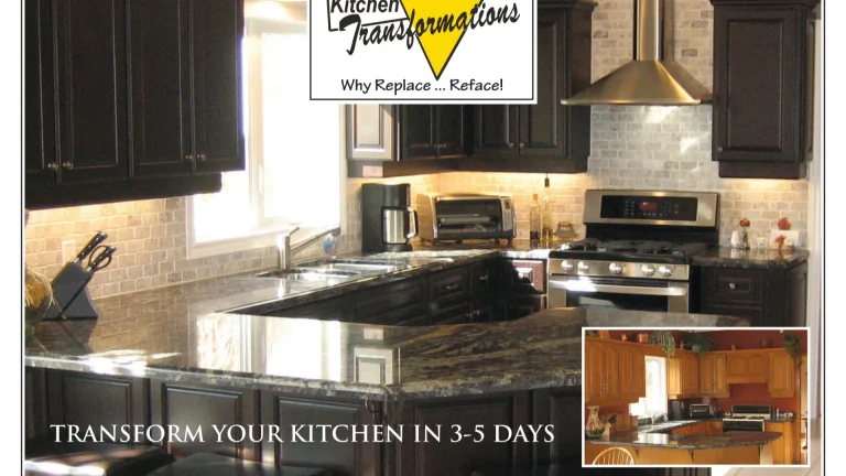 Before and after of a Campbellville kitchen restyling designed and installed by Kitchen Transformations for Home Depot.