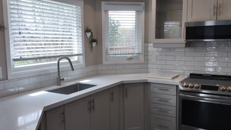 Seamless shaker Repose Gray kitchen reface in the Headon Forest, Burlington area.